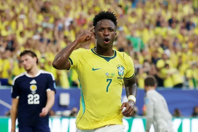 Brazil's Vinicius Junior celebrates scoring their second goal