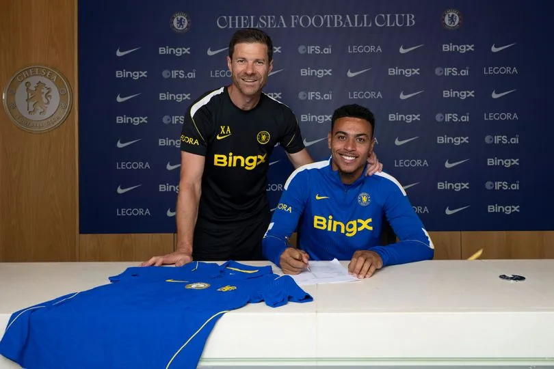 Chelsea FC Unveil New Signing Morgan Rogers with Chelsea Manager Xabi Alonso at Chelsea Training Ground on July 21, 2026 in Cobham, England.