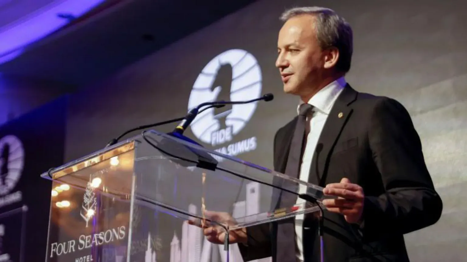 Getty Images FIDE President Arkady Dvorkovich speaks during the 2022 FIDE Chess Candidates Tournament closing ceremony on July 5, 2022 in Madrid